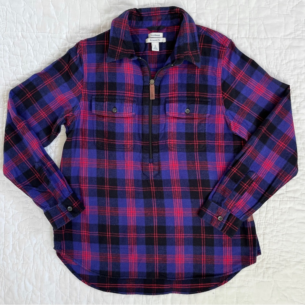 LL Bean Women’s Scotch Plaid Flannel Shirt Quarter-Zip Angus Pullover Purple S